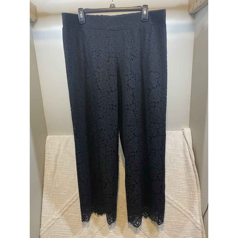 Isaac Mizrahi Live Pants Medium Black Floral Lace Wide Leg Size L Boho Romantic